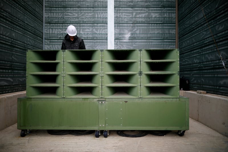 A May 1, 2018, photo shows the dismantling of loudspeakers set up for propaganda broadcasts into North Korea near the demilitarized zone separating the two Koreas in Paju, South Korea.